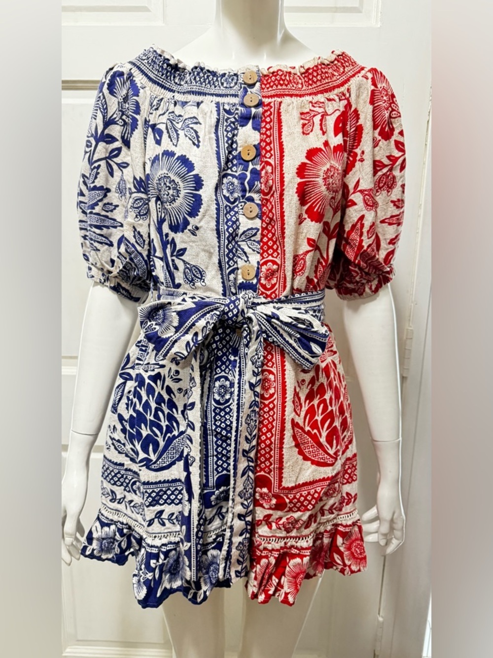 Farm Rio Mixed Pineapple Garden Mini Dress Sz S Red Blue Linen Blend Tie Waist - Picture 2 of 12